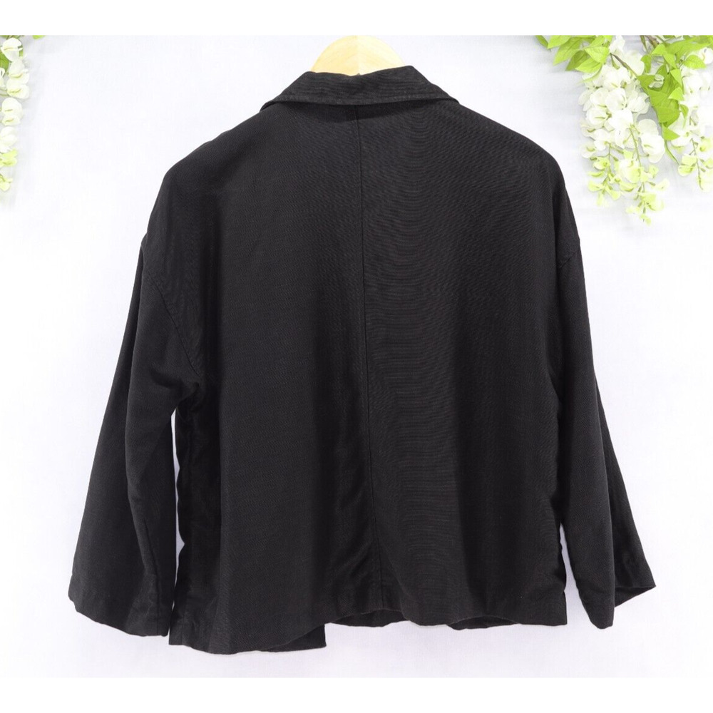 Eileen Fisher Sz M Petite Black Drape Front Linen Tencel Boxy Jacket Minimalist - Picture 3 of 9